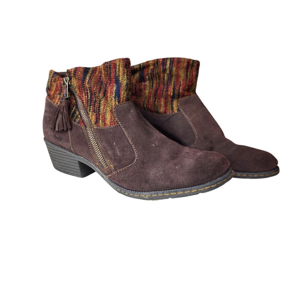 Born Ankle Boots 10M Brown Suede Striped Textile Weave Block Heel Boho